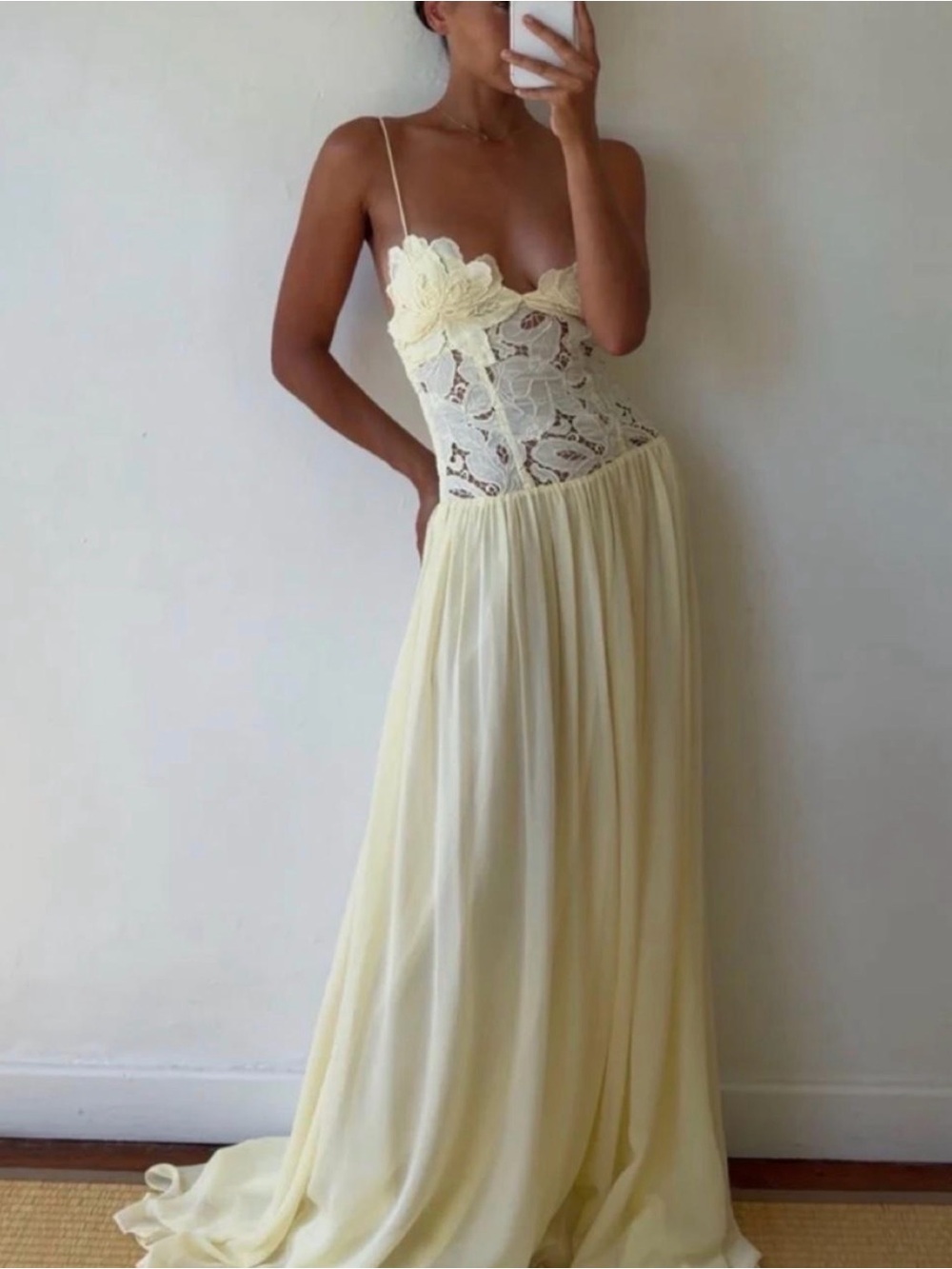 Hansen & Gratel Pale Yellow Lace Bustier Maxi Dress